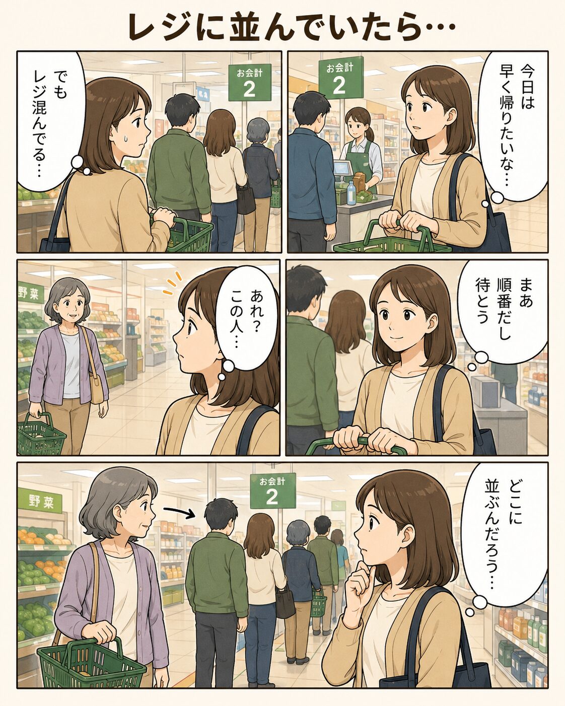 スーパーのレジに並んでいる女性が横から来た人に気づく漫画