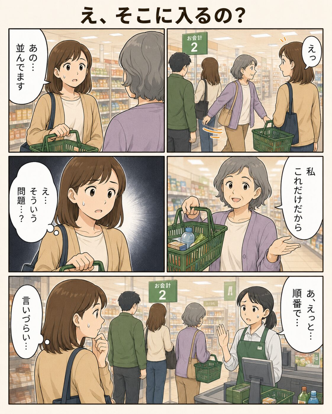 レジの列に横入りされて戸惑う女性の漫画