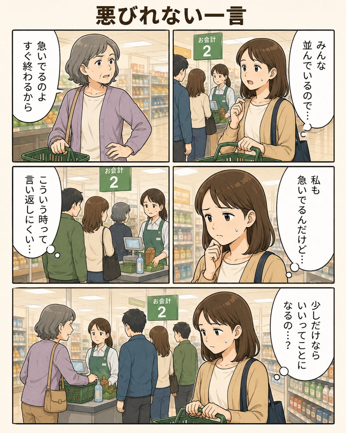 横入りした人の悪びれない一言にモヤッとする女性の漫画