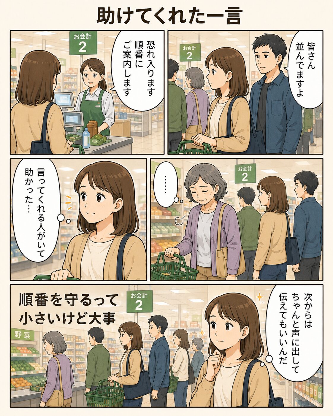 後ろの人と店員の一言でレジの順番が守られる漫画