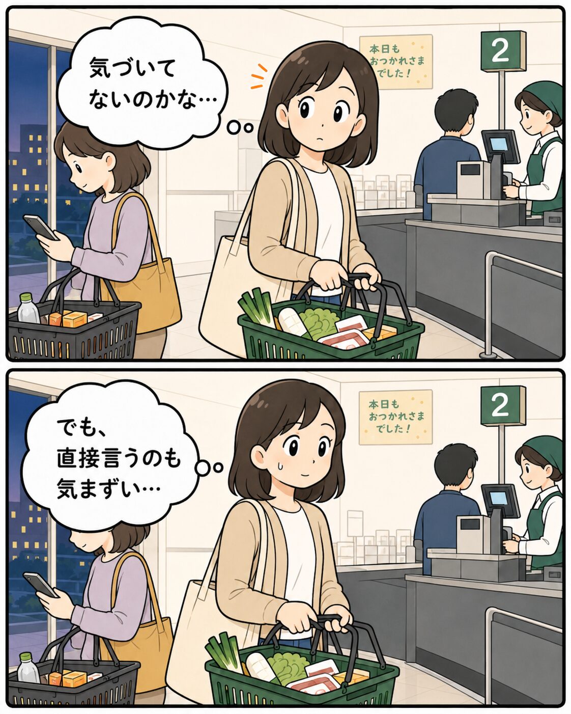 レジの列が進むたびに後ろの人のカゴが近づいてくる場面
