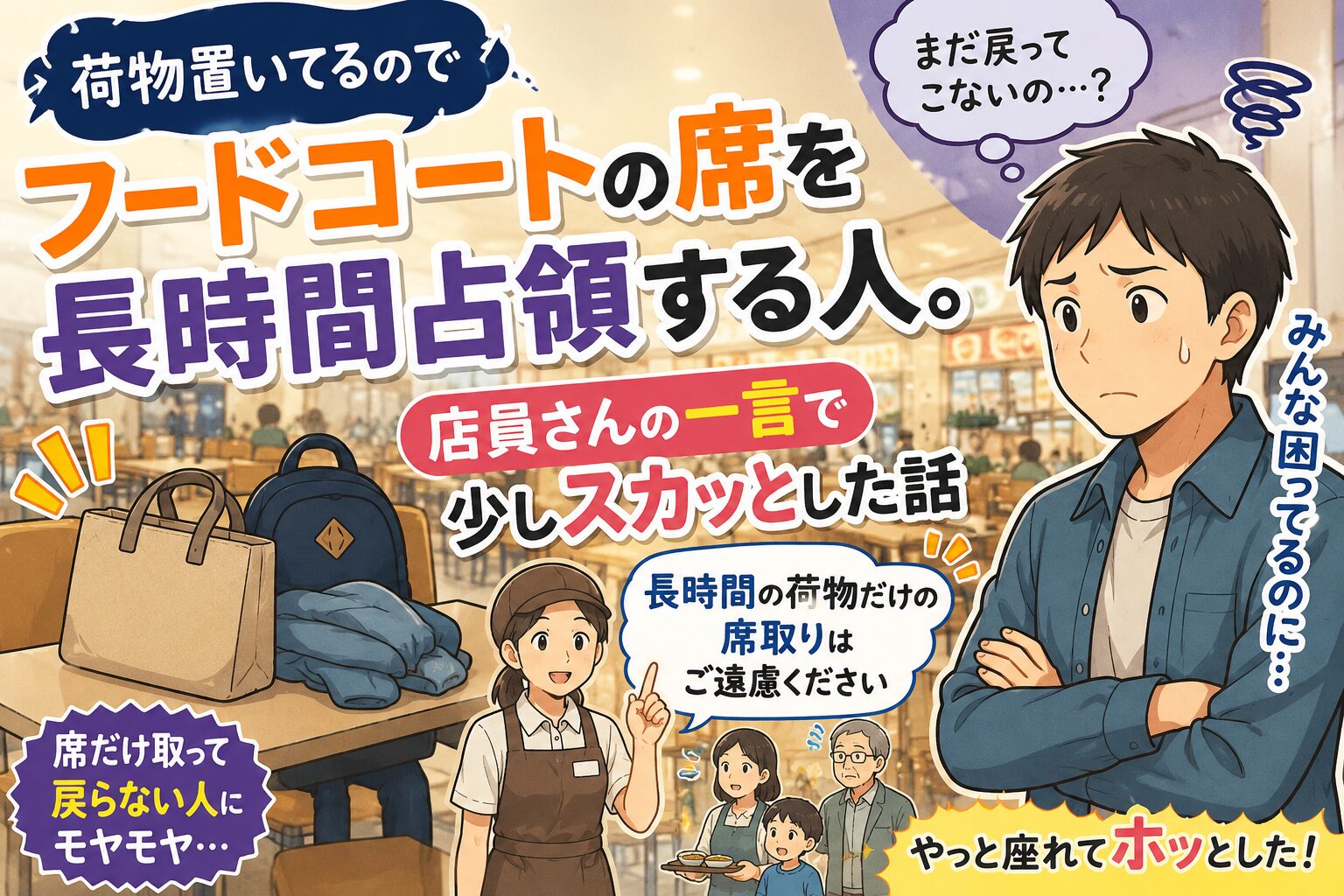 フードコートで席だけ取って戻ってこない人。店員さんの一言で少しスカッとした話
