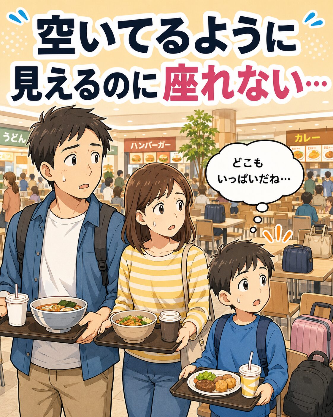 休日のフードコートで、主人公家族が席を探している場面