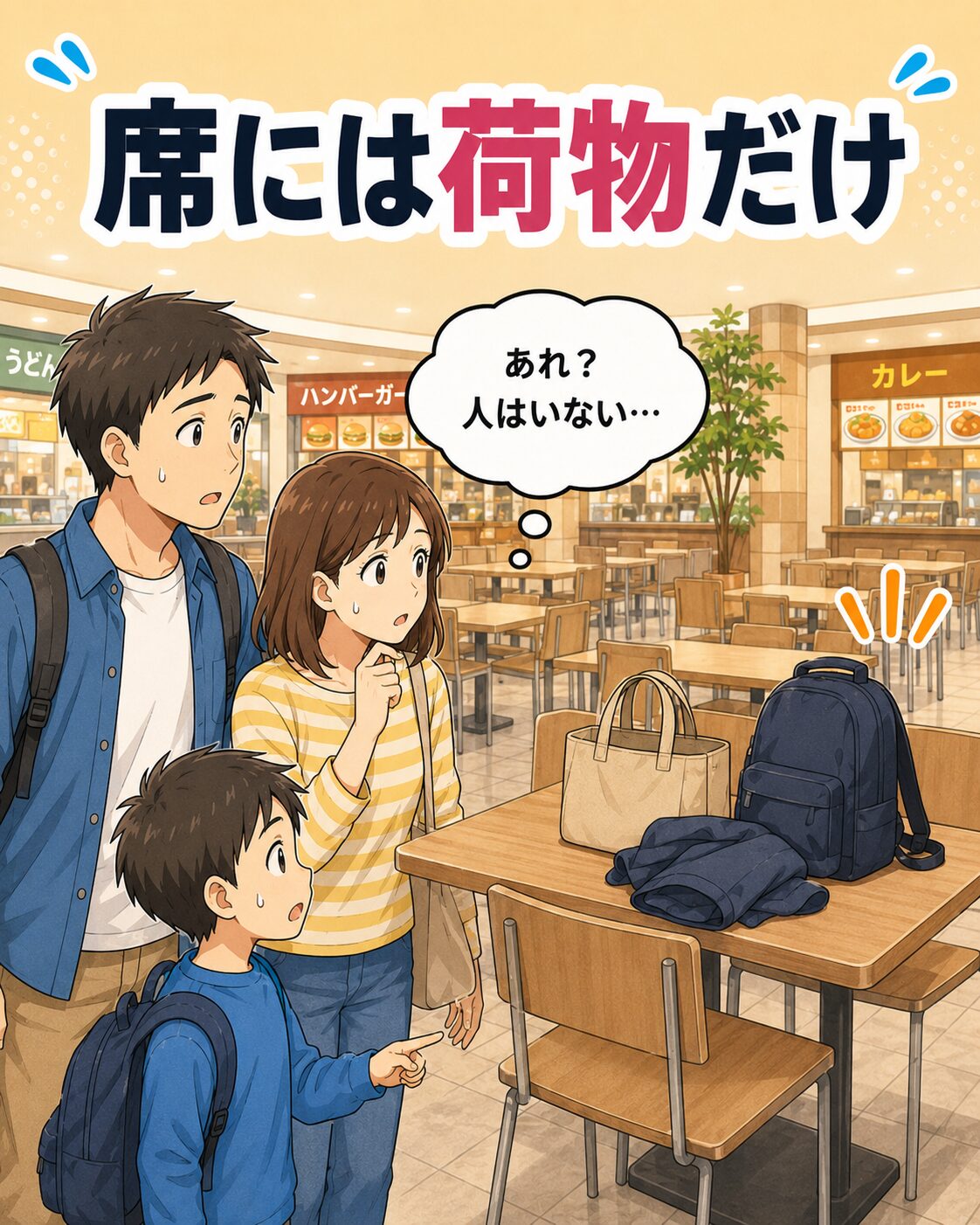フードコートの席にバッグや上着など荷物だけが置かれている場面