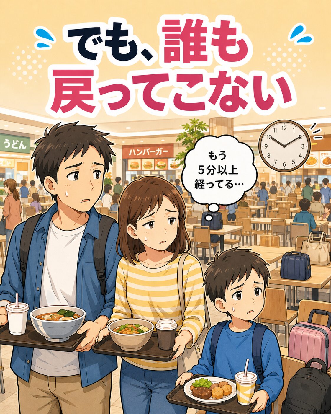 主人公家族がフードコートでトレーを持ったまま席が空かず困っている場面