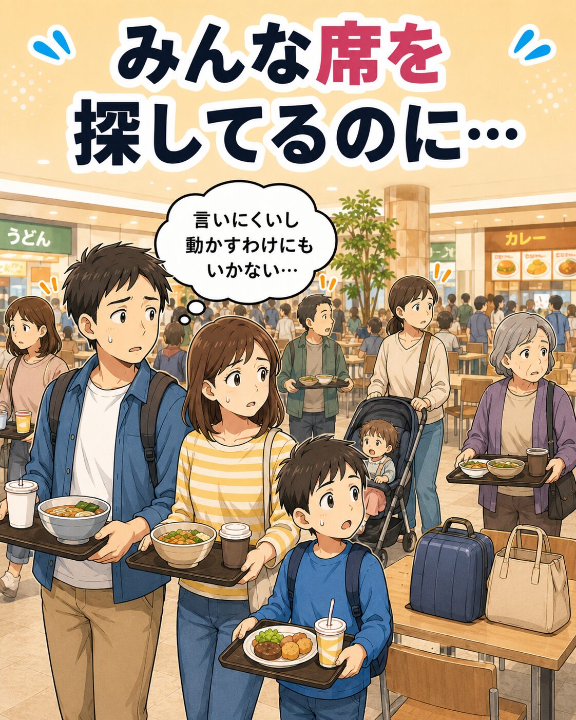 フードコートで親子や高齢の人など周りの利用者も席を探して困っている場面