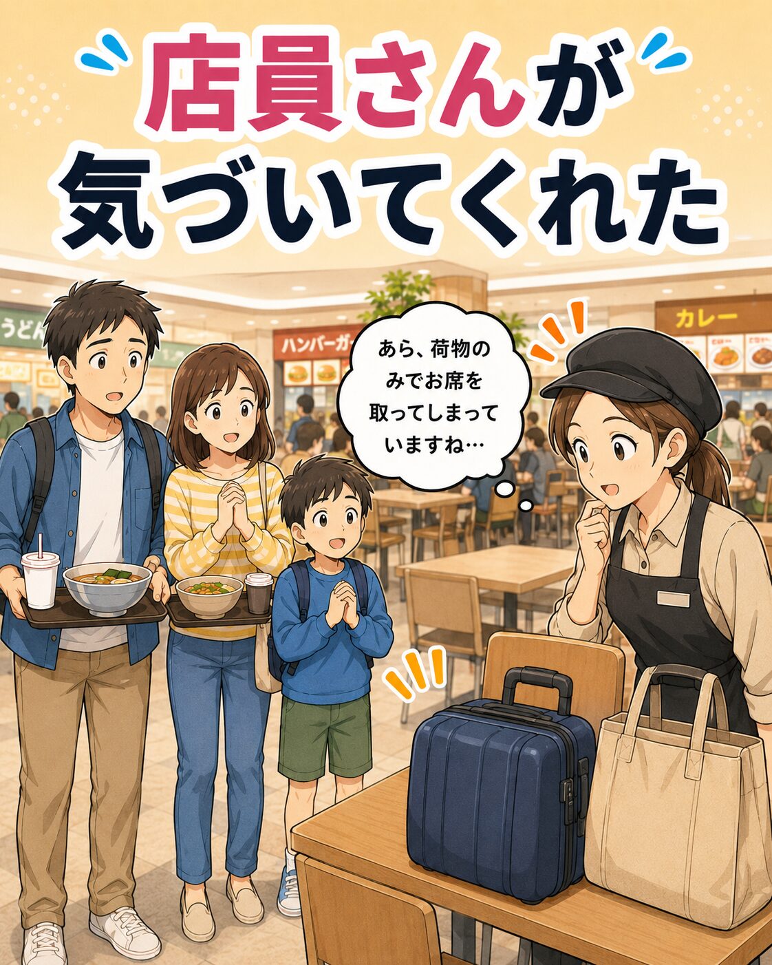 フードコートの店員さんが荷物だけで席取りされている席に気づく場面