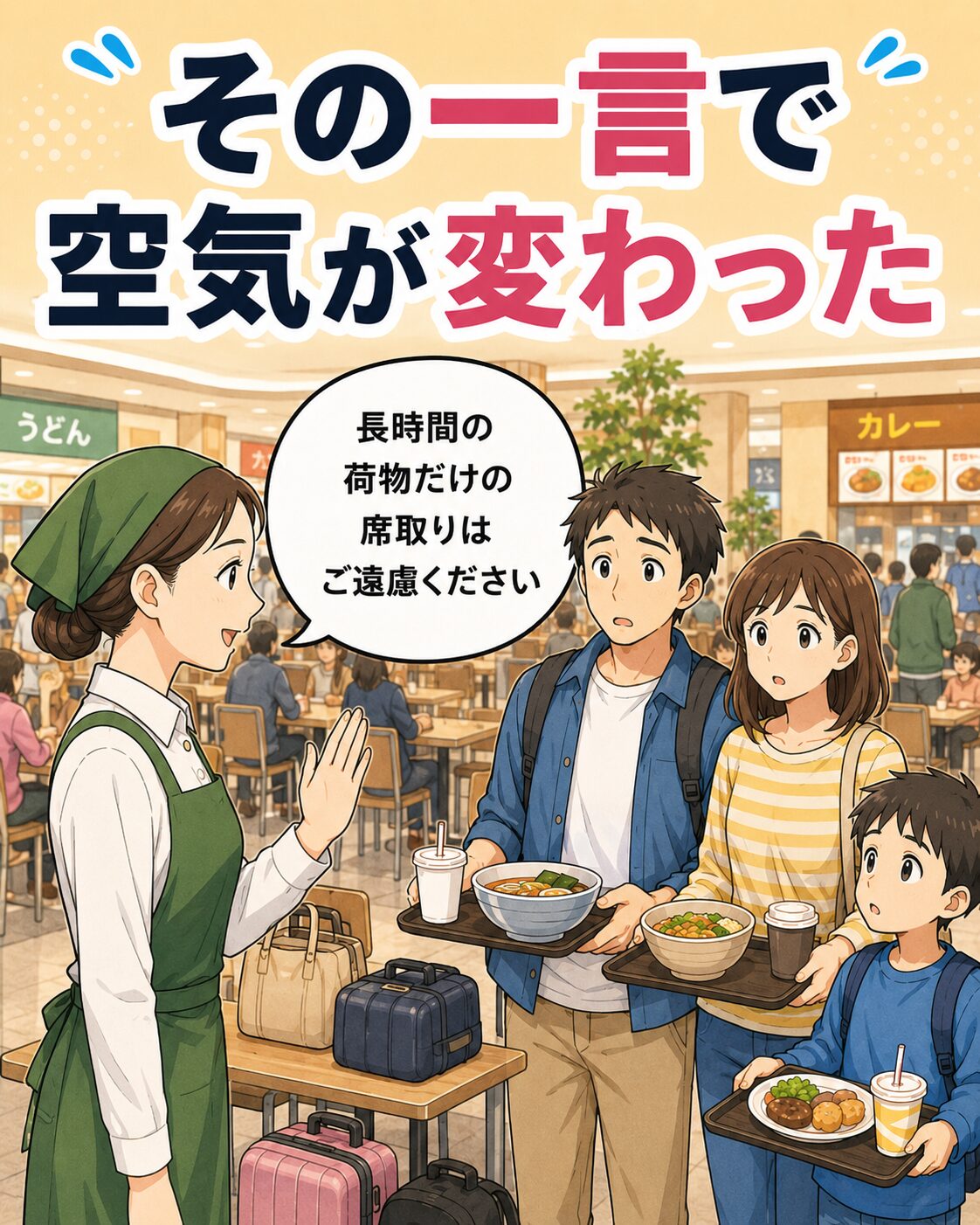 店員さんが長時間の荷物だけの席取りは控えるようやんわり案内する場面