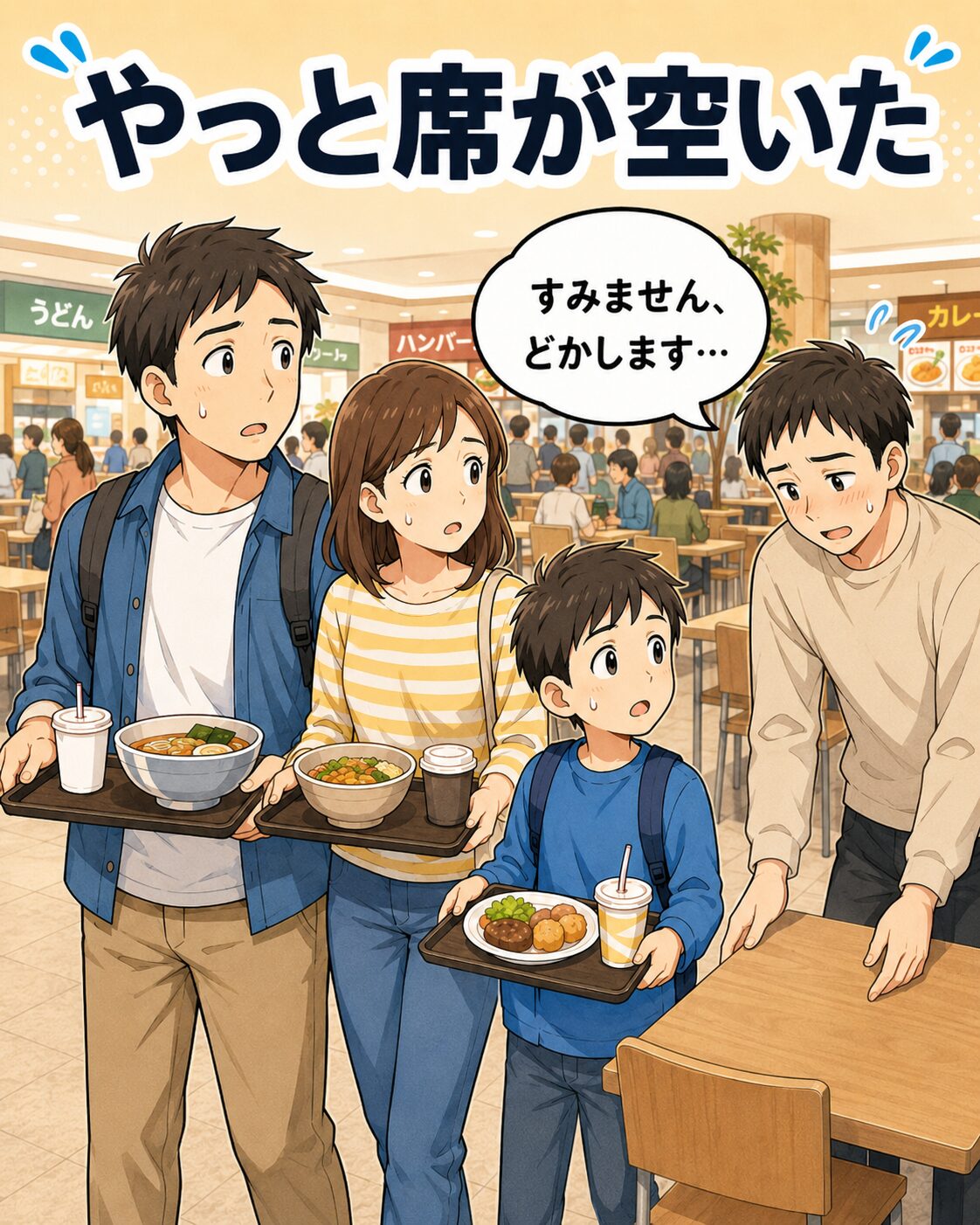 席取りしていた人が気まずそうに荷物をどかして席が空く場面