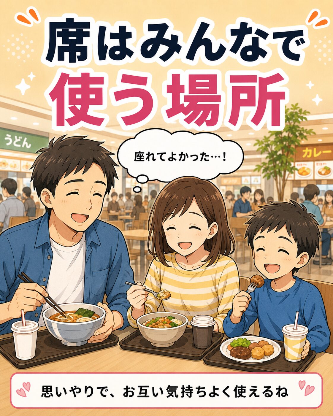 主人公家族がフードコートの席に座って食事をしながらホッとしている場面