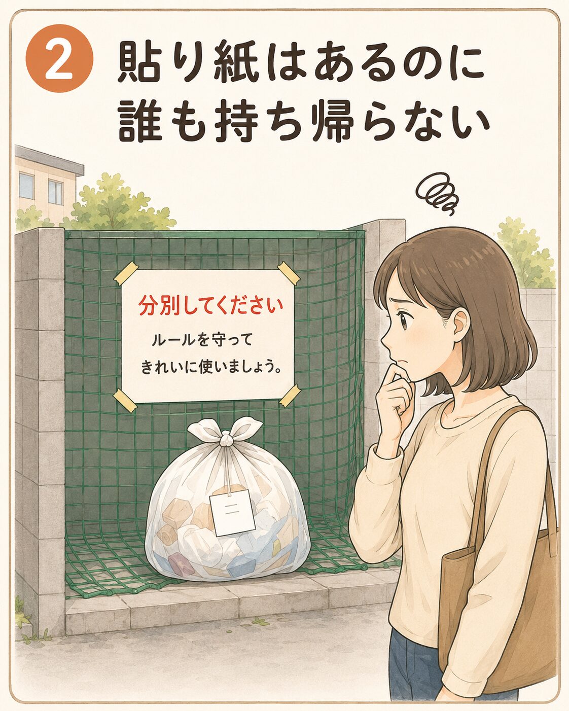 分別してくださいの貼り紙があるのに誰も持ち帰らないゴミ袋