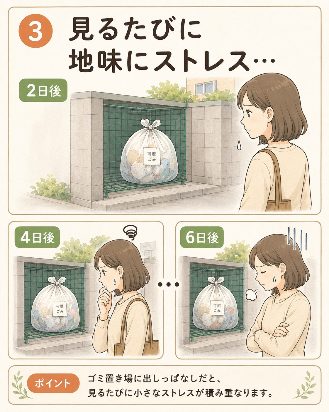 数日たっても同じゴミが残り続けてストレスを感じる女性