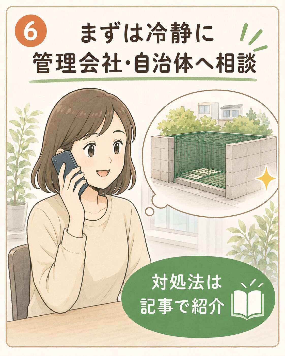 管理会社や自治体へ冷静に相談する女性