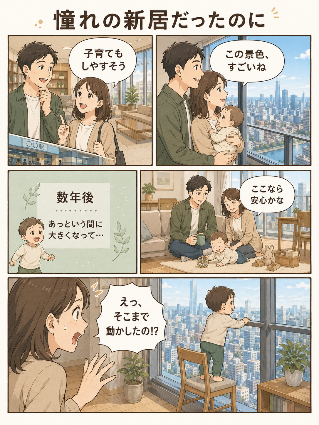 高層マンションに引っ越して景色や子育て環境に期待する家族の漫画
