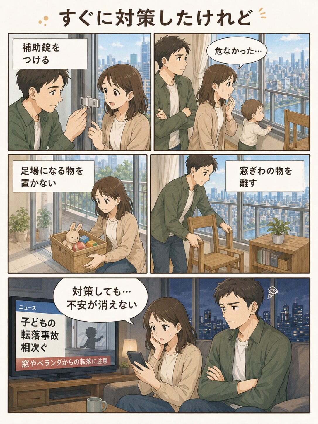 高層階の窓やベランダで子どもの行動に不安を感じて対策する家族の漫画