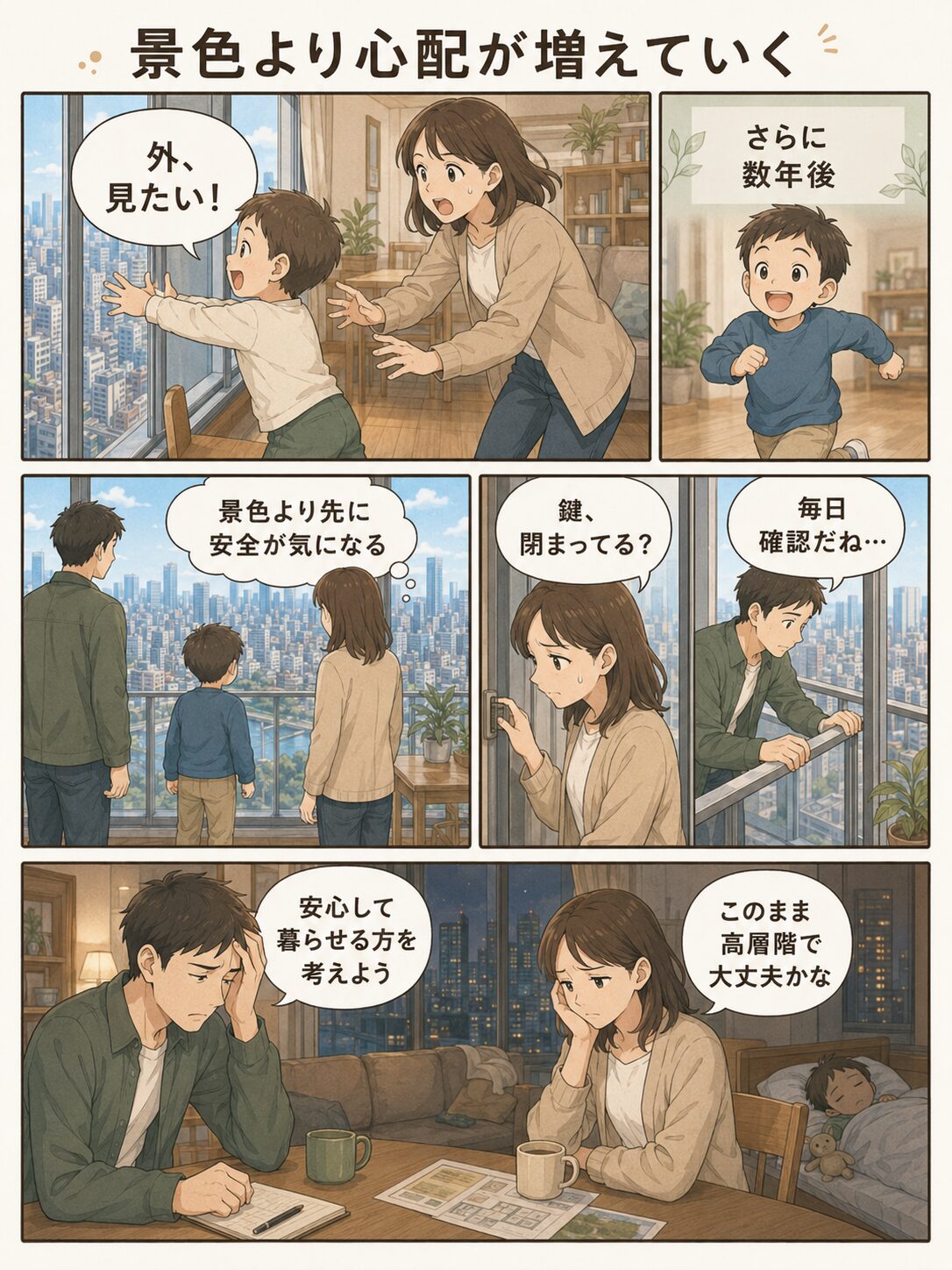 子どもの成長とともに高層階の景色より安全面の心配が増えていく家族の漫画