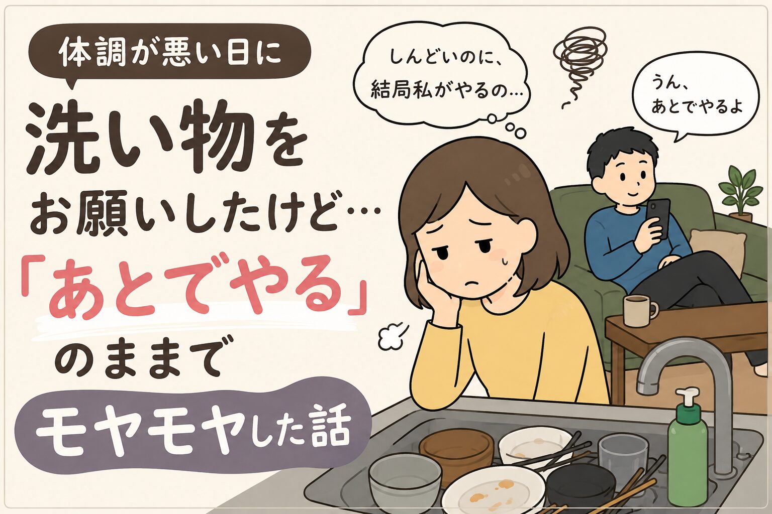 体調が悪い日に洗い物をお願いしたら…夫の「あとでやる」にモヤモヤした話