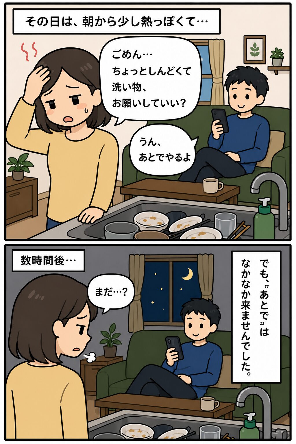 体調が悪い日に夫へ洗い物をお願いする女性