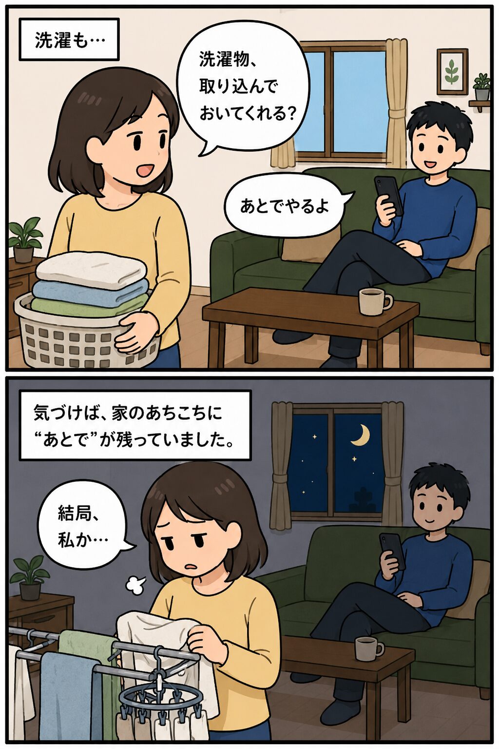 別の日もゴミ出しをあとでやると言われる場面