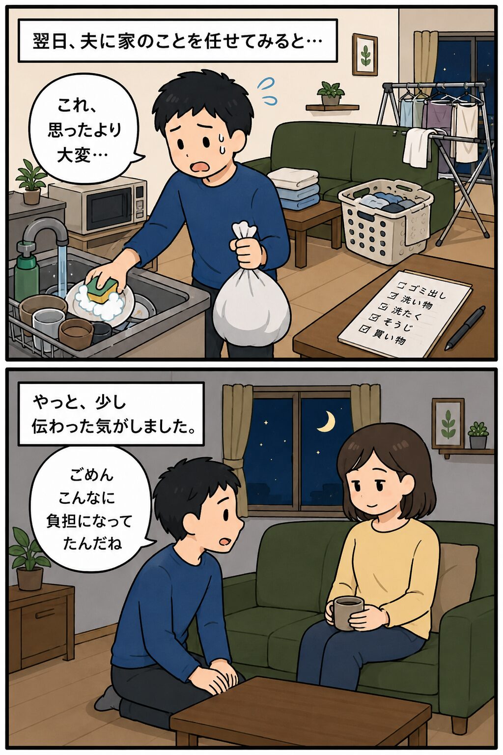 夫が家事の大変さに気づく場面