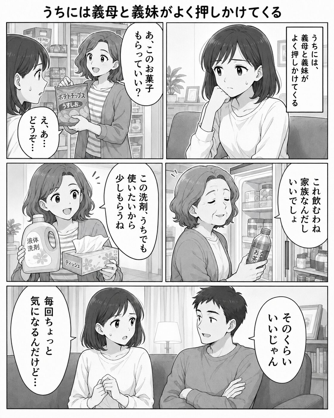 義母と義妹がよく家に押しかけてきてお菓子や日用品を持っていく漫画