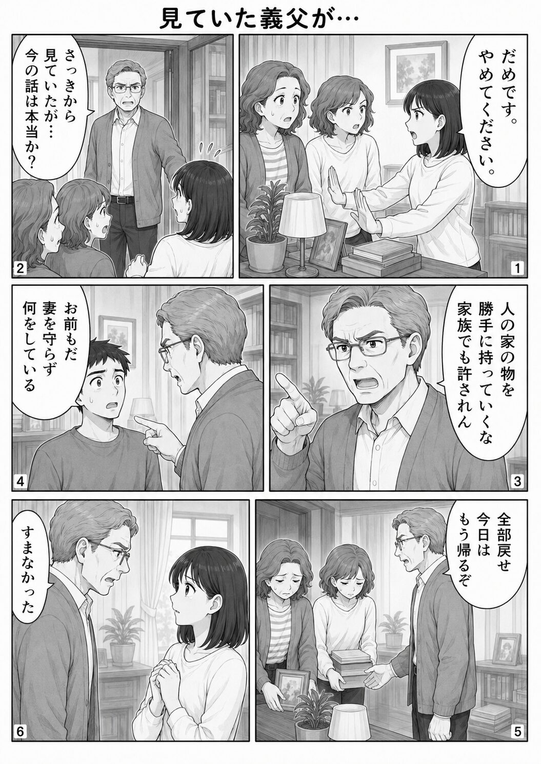 義父が義母と義妹と夫を叱り家の物を返すよう伝える漫画