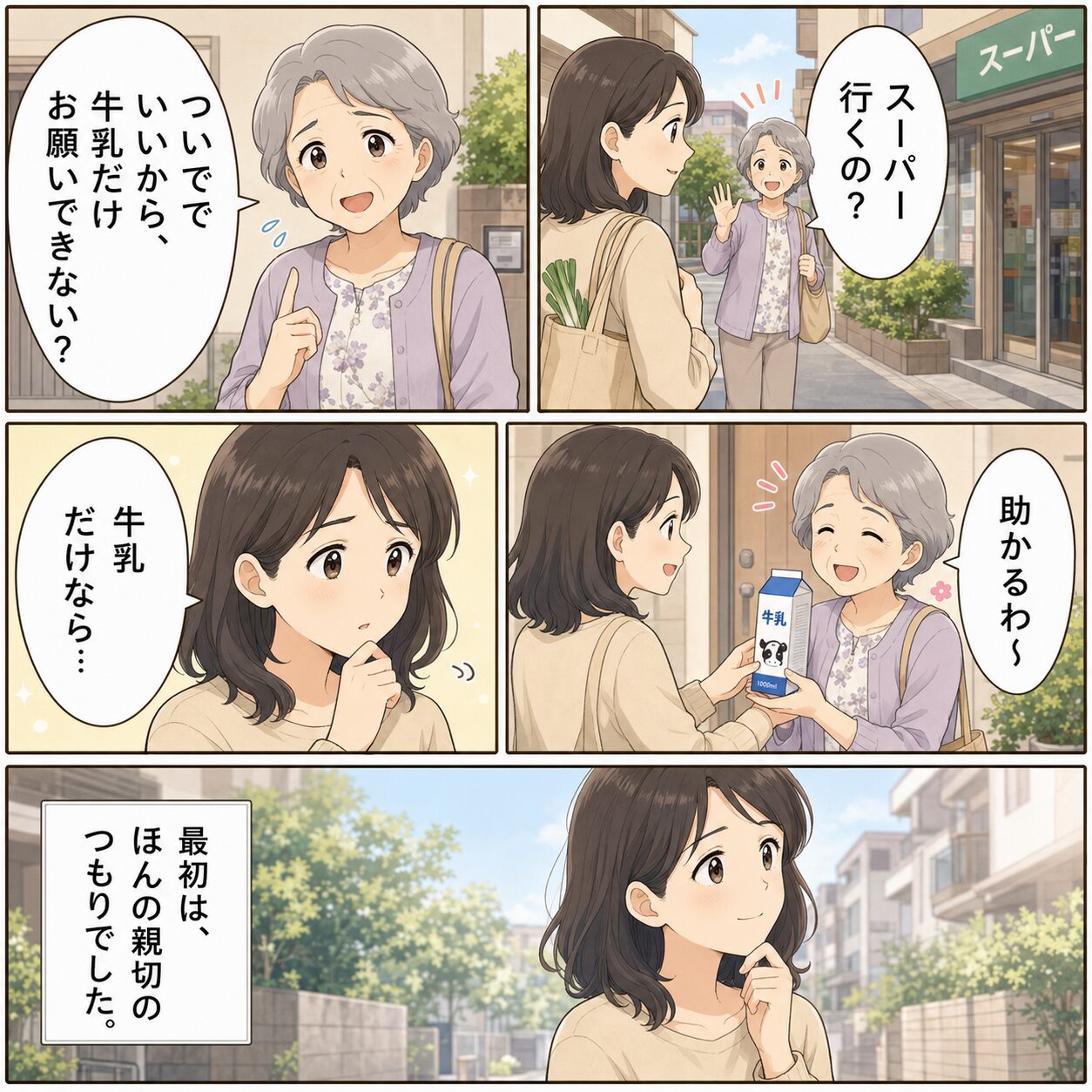 近所の人から牛乳だけ買ってきてほしいと頼まれる女性