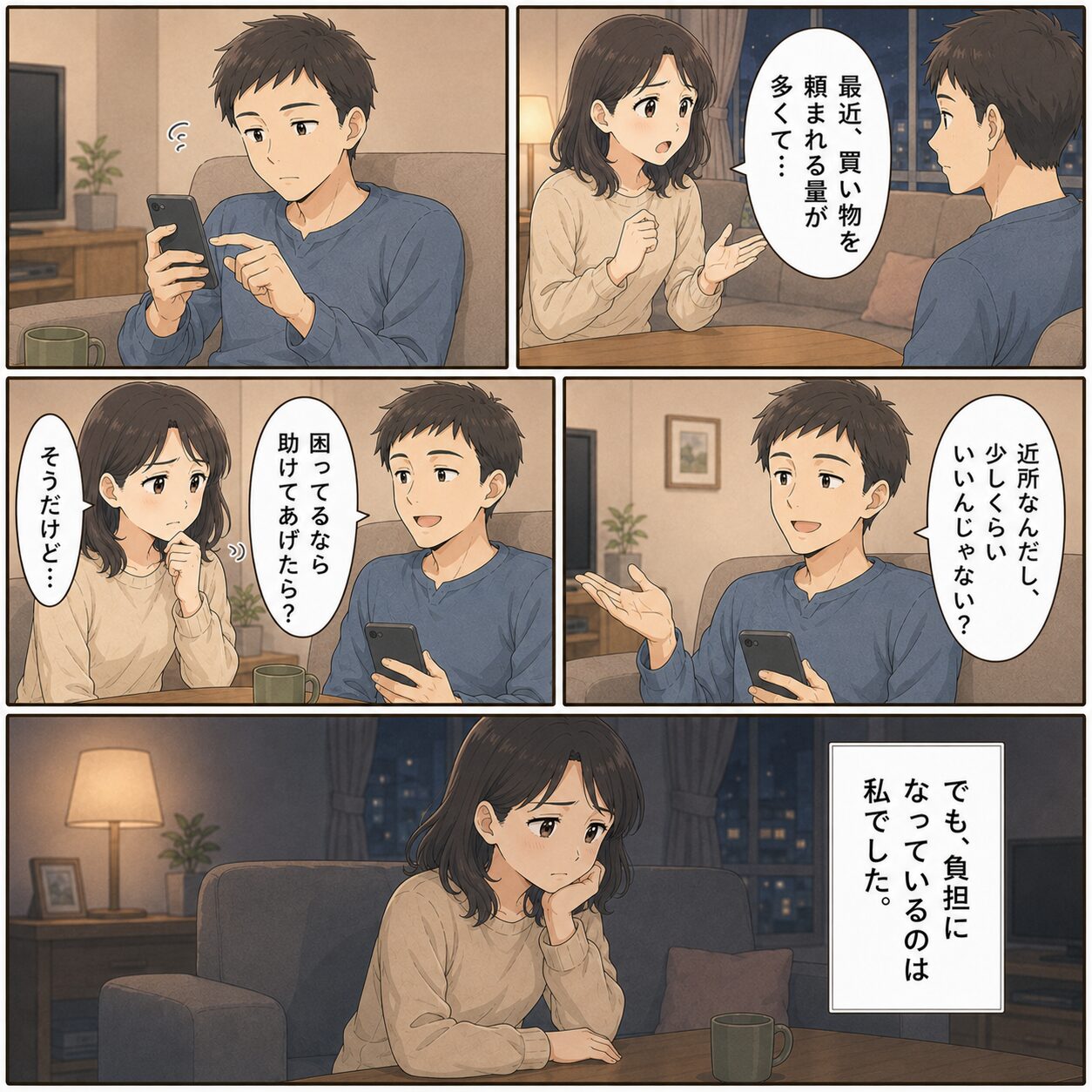 頼まれる買い物の量が少しずつ増えていく様子