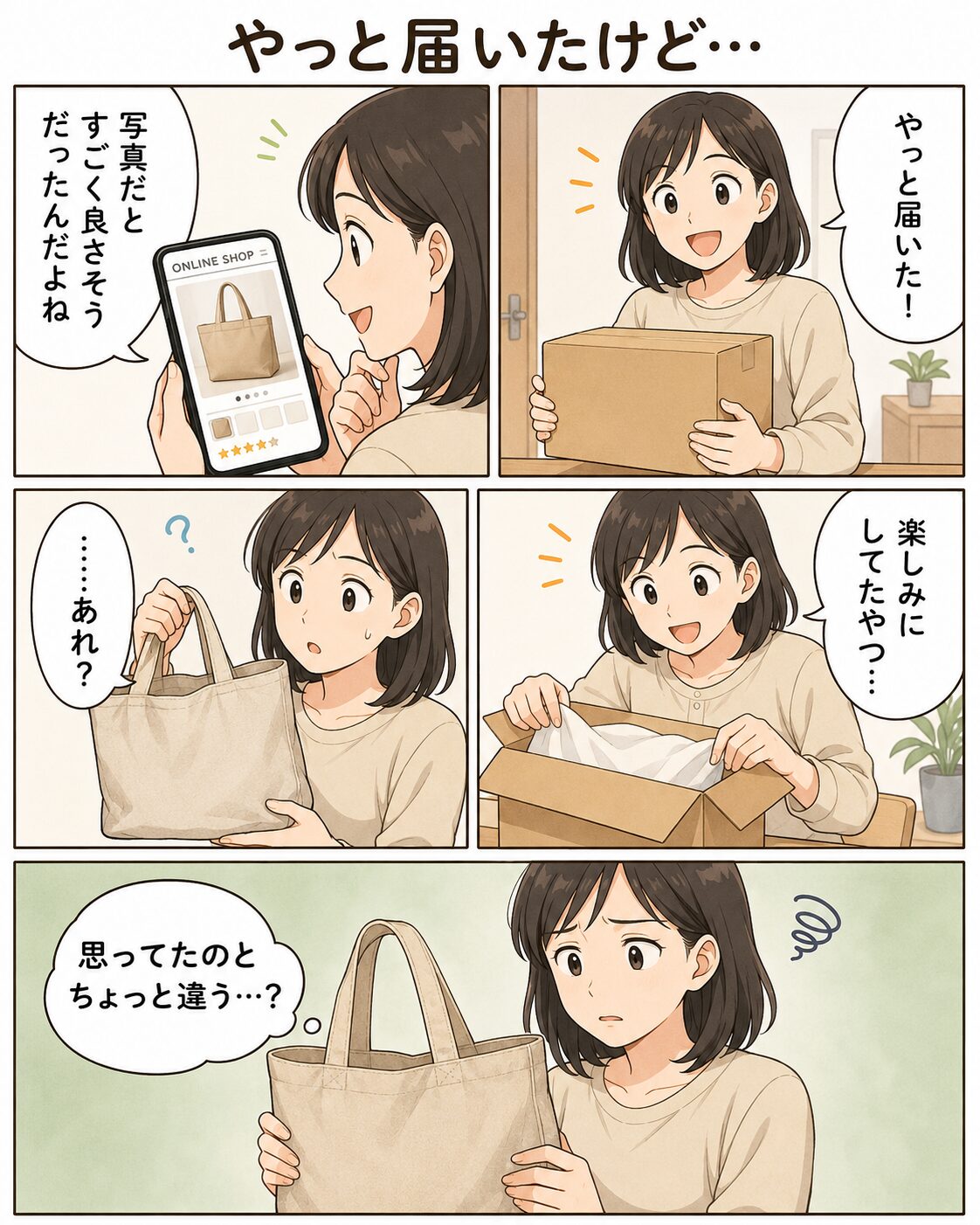 通販の商品が届いて開封した女性が思っていたものと少し違うと感じる漫画