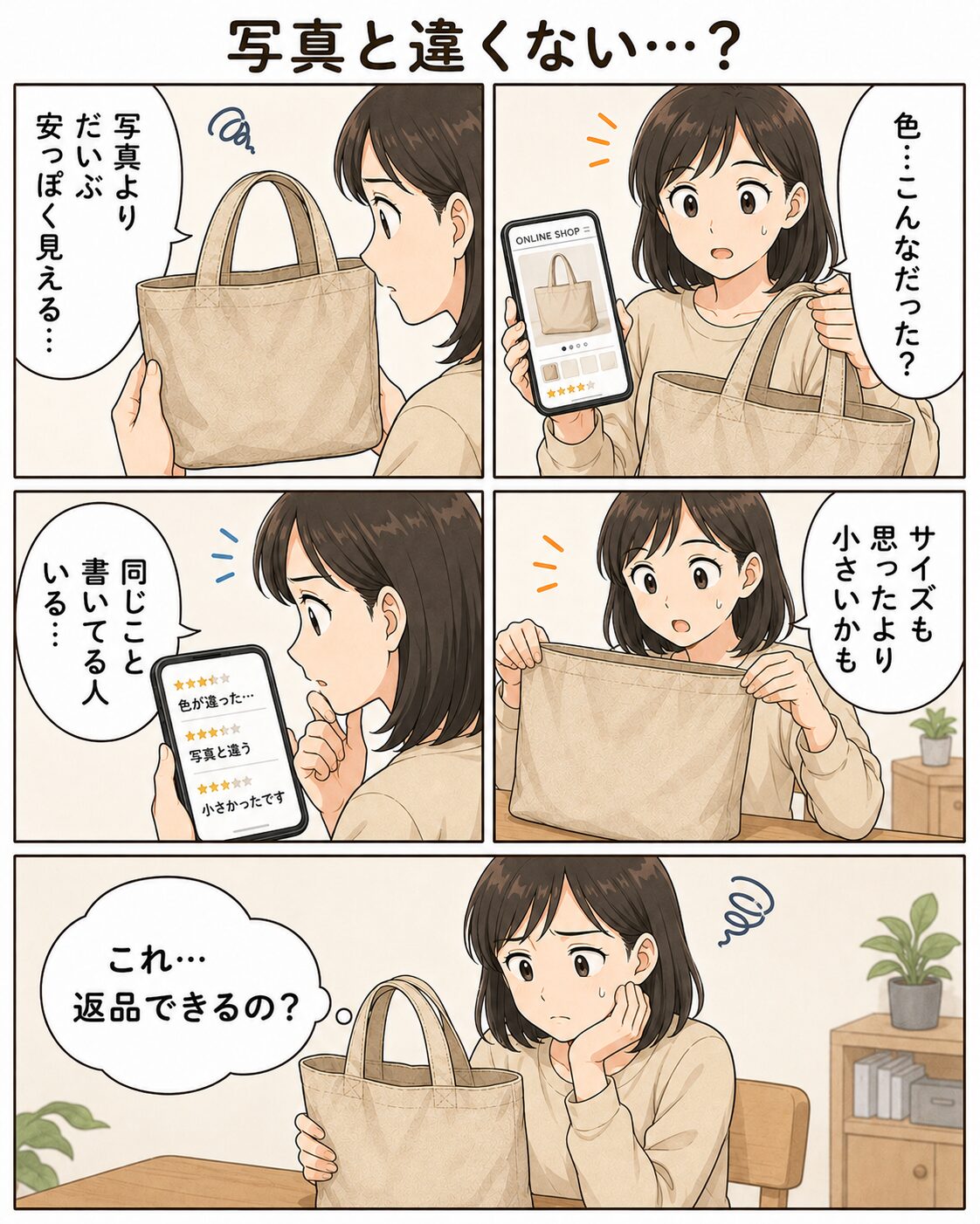 通販の商品ページと実物を見比べて違いに気づく女性の漫画