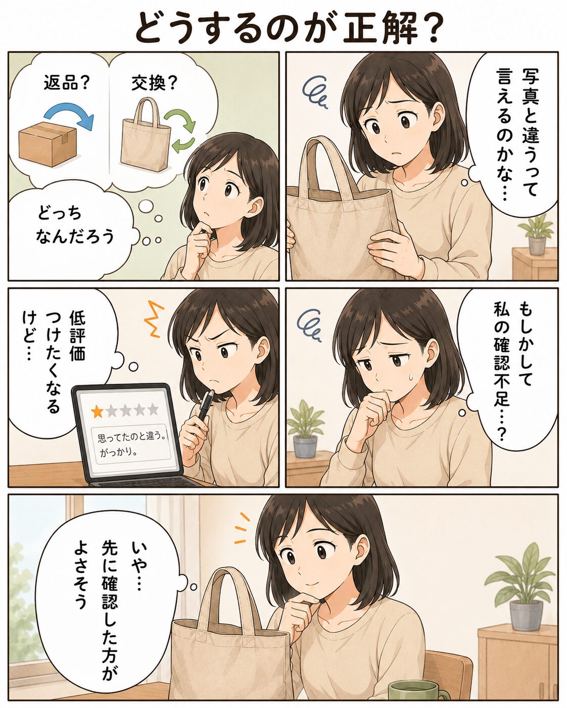 写真と違う商品が届いて返品や交換をどうするか悩む女性の漫画