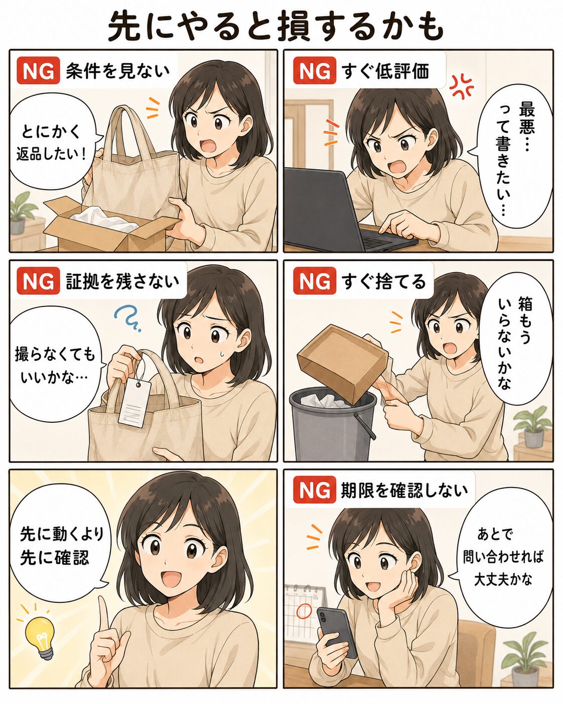 通販で写真と違う商品が届いた時に先に確認することを整理した漫画