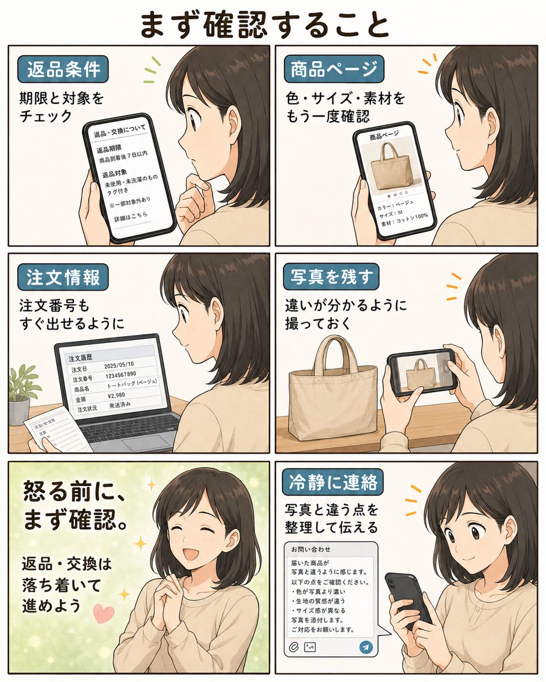 返品や交換の前に商品ページや返品条件を確認する流れを説明する漫画