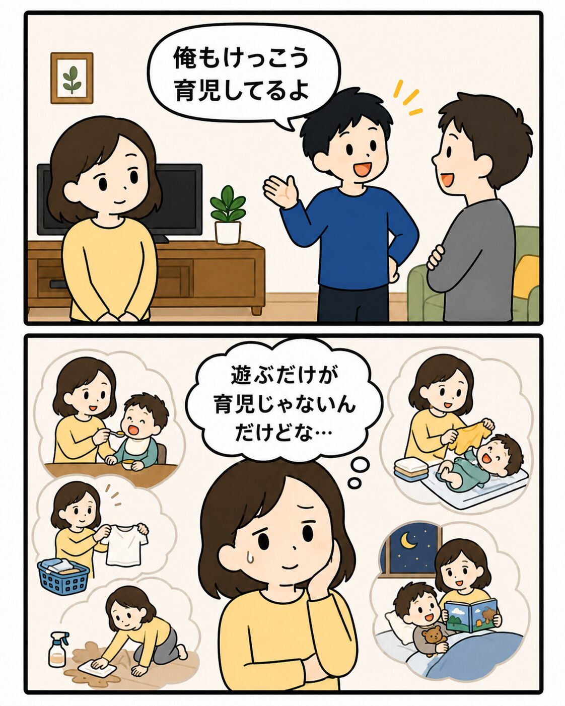 夫が俺も育児してると言って妻がモヤモヤする場面