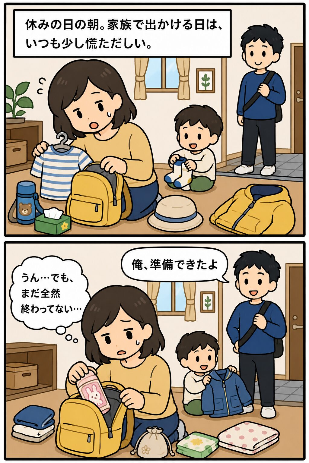 家族で出かける朝に妻が準備で慌ただしくしている場面