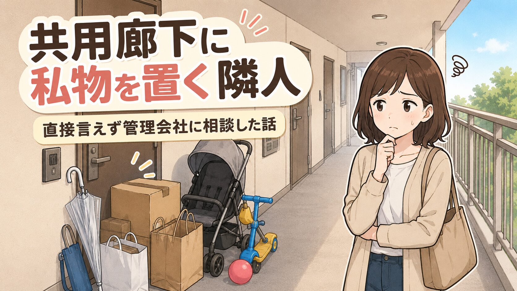 マンションの共用廊下に私物を置く隣人｜直接言えず管理会社に相談した話