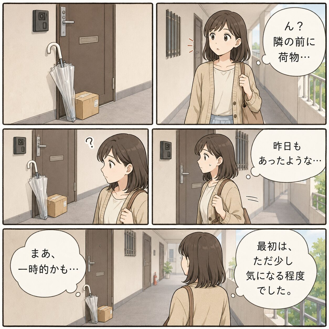 共用廊下に荷物が置かれていることに気づく女性
