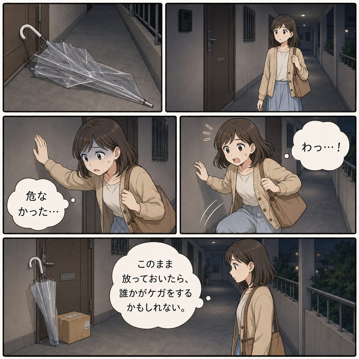共用廊下の私物が増えて通りにくくなる様子