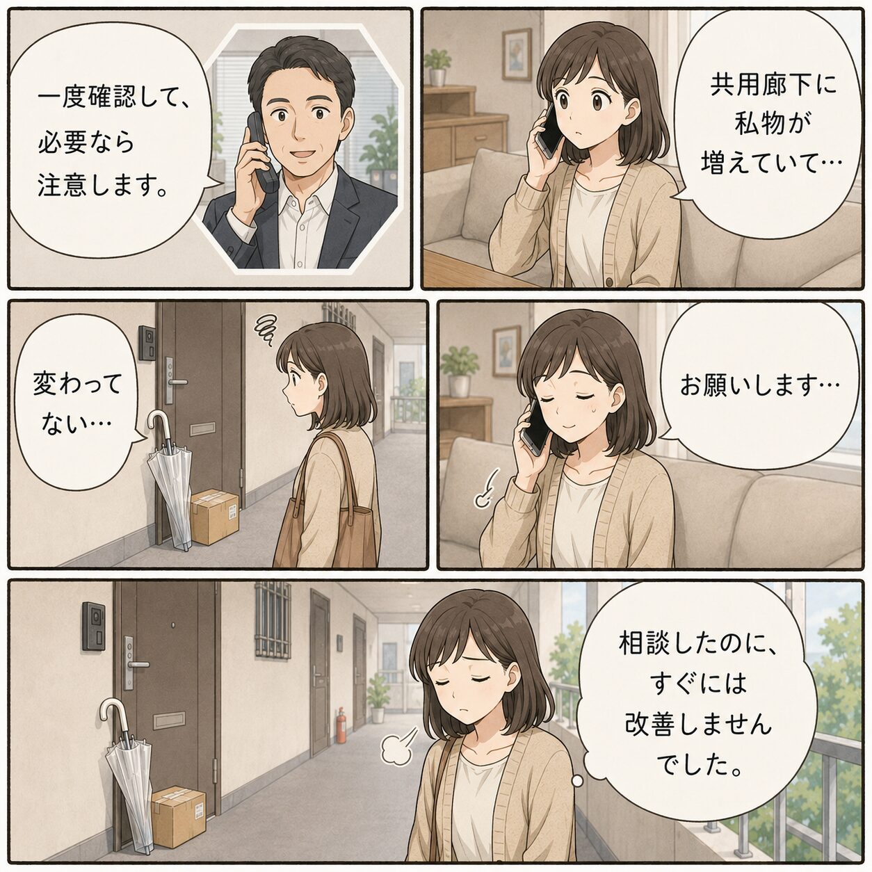 倒れた傘につまずきそうになる女性