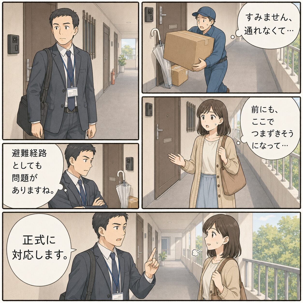 配達員と管理会社が共用廊下の危険を確認する場面