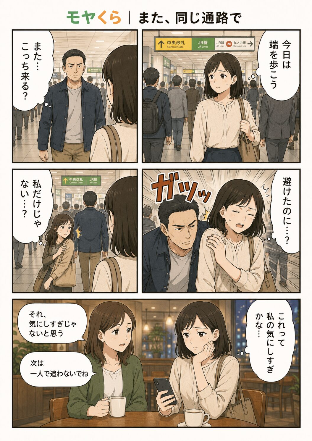 同じ駅の通路で再びぶつかられて友人に相談する女性の漫画