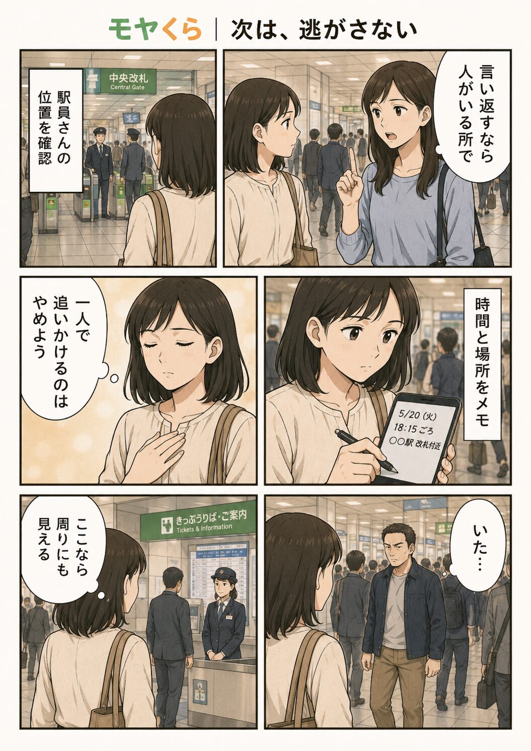 駅員の位置を確認しながら冷静に行動しようとする女性の漫画