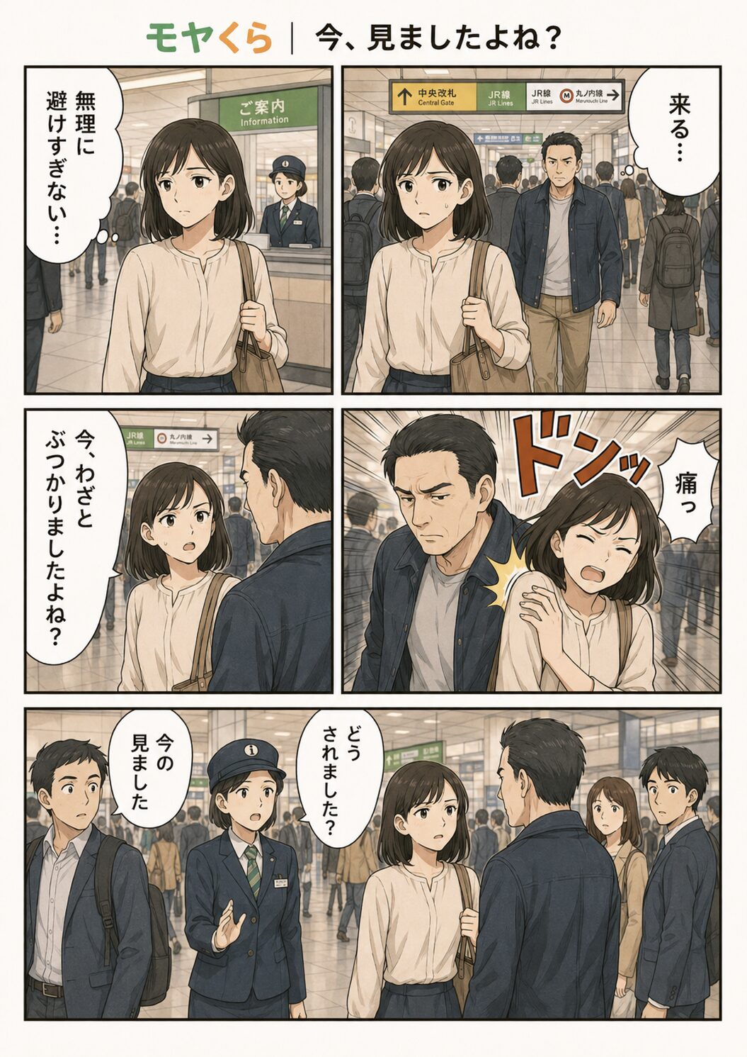 駅員の近くでわざとぶつかられたことを周囲に伝える女性の漫画