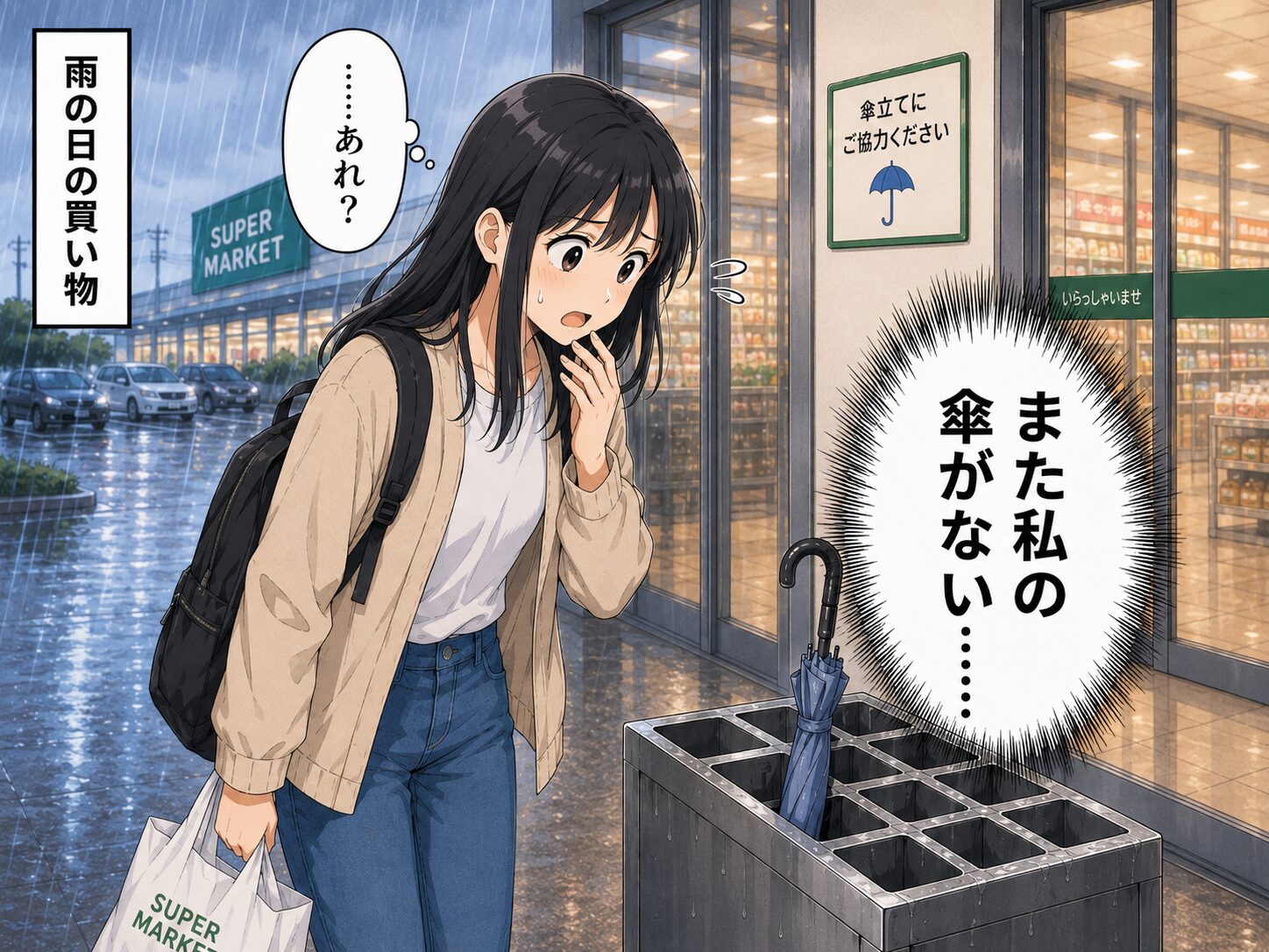 雨の日のスーパー入口で、傘立てから自分の傘がなくなっている場面