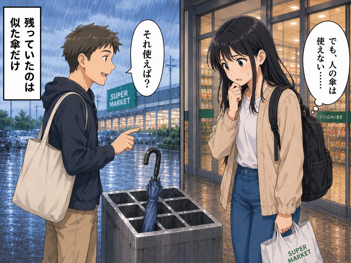 近くの人に「それ使えば？」と言われるが、人の傘は使えないと困る場面