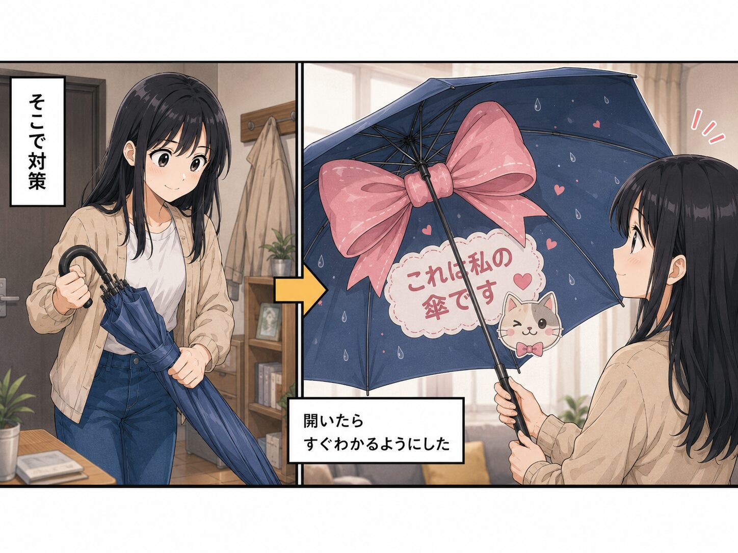 家で傘を開き、内側に「これは私の傘です」と目立つ装飾をつける場面