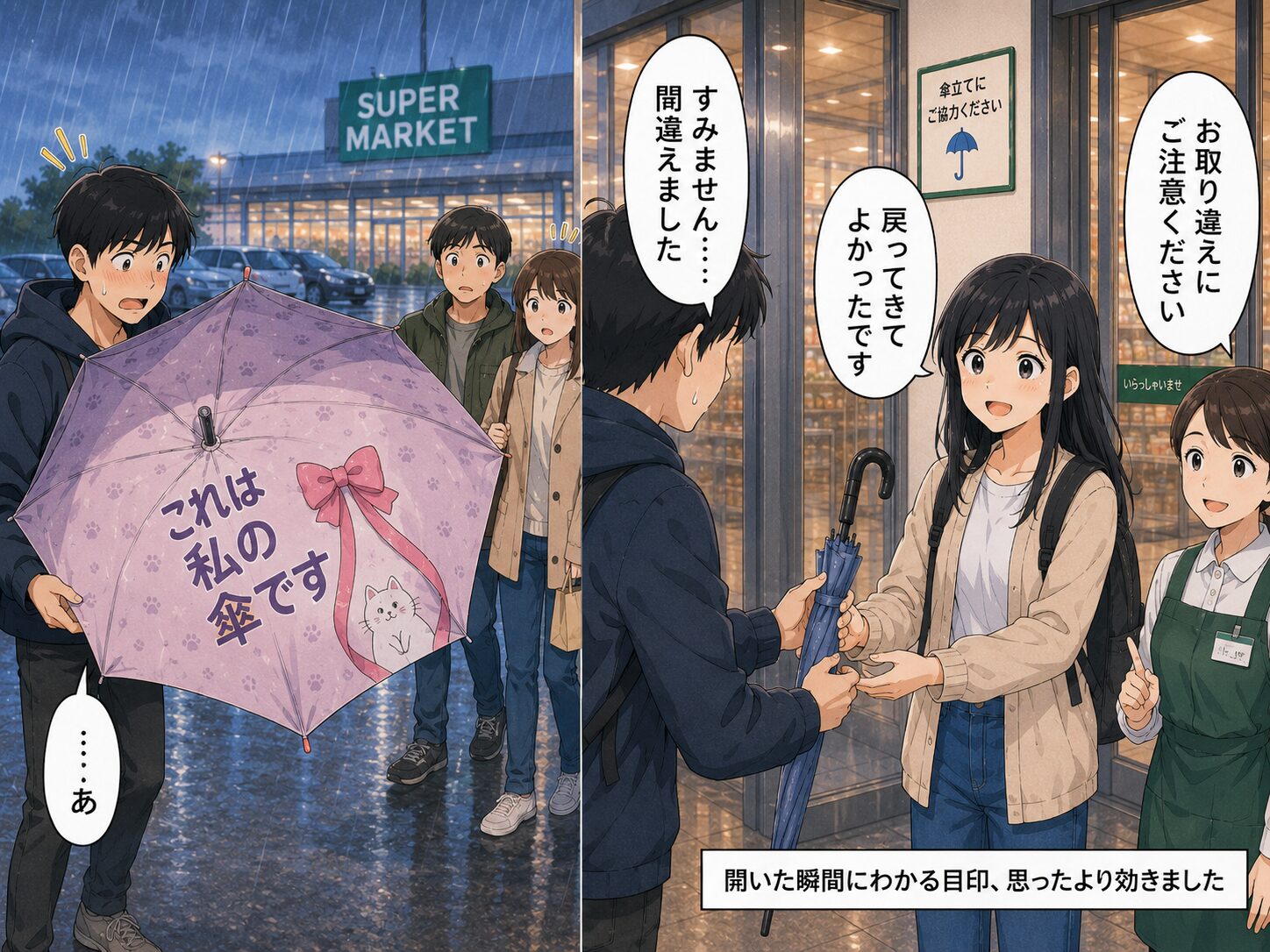 持っていった人が傘を開いて気まずくなり、返しに来る場面