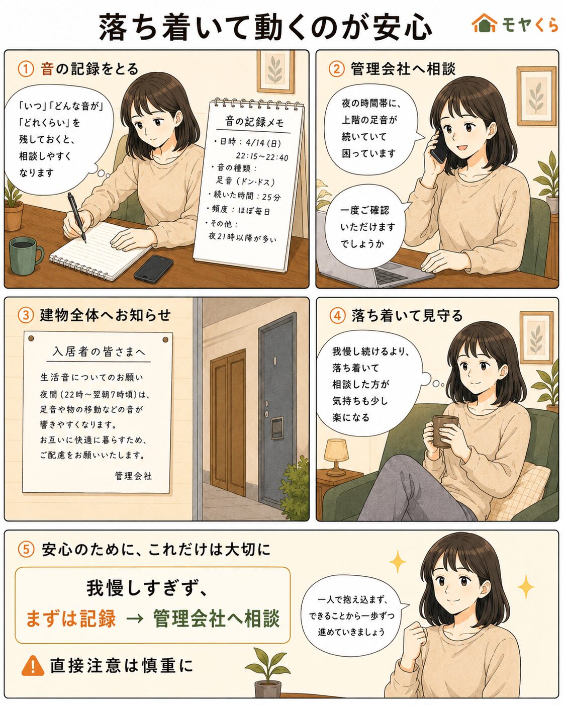 上の階の足音が気になる時に記録して管理会社へ相談する流れを説明する漫画