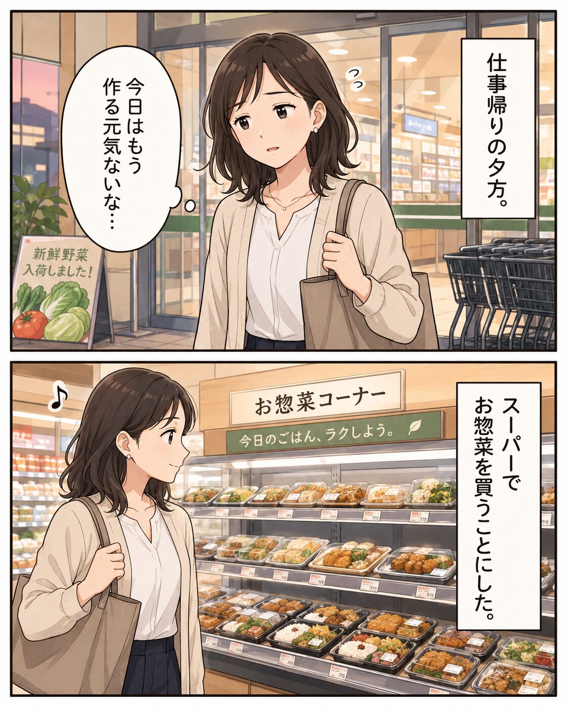 仕事帰りにスーパーでお惣菜を買うことにした女性の漫画