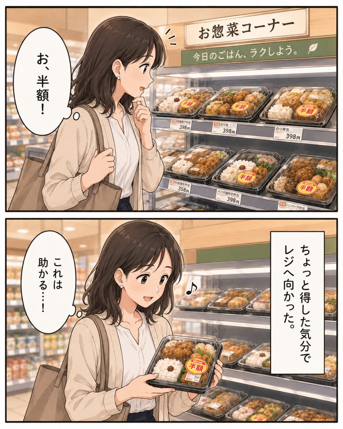 スーパーのお惣菜コーナーで半額シールのお弁当を見つける女性の漫画